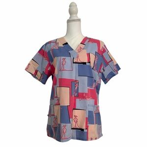 Pink Panther Abstract Blocks Nursing Medical Scrub Top Women’s Medium